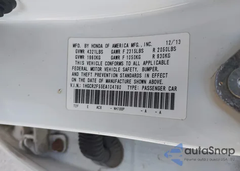 2014 Honda Accord Sport from USA, damaged, VIN 1HGCR2F55EA104780